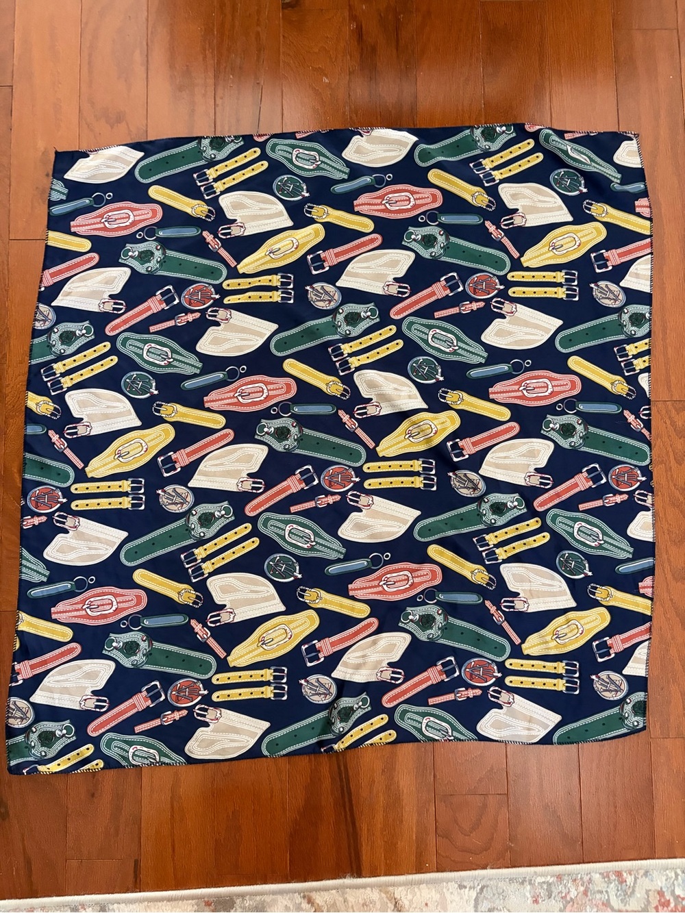 Navy Silk Scarf with Colorful Belt & Watch Motif
